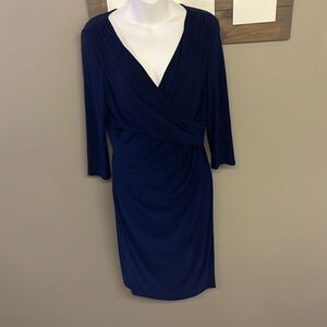 Lauren Ralph Lauren Navy Faux Wrap V-Neck Knee Length 3/4 Sleeve Dress- Sz 10